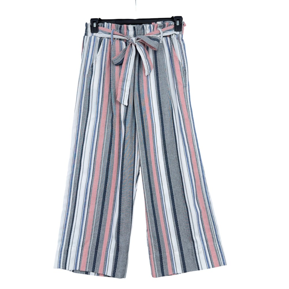 Knox Rose Wide Leg Crop Striped Pants Women Size M Cotton Gray Pink Blue